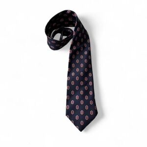 Vintage Navy Tie With Red‎ & White Geometric Pattern
